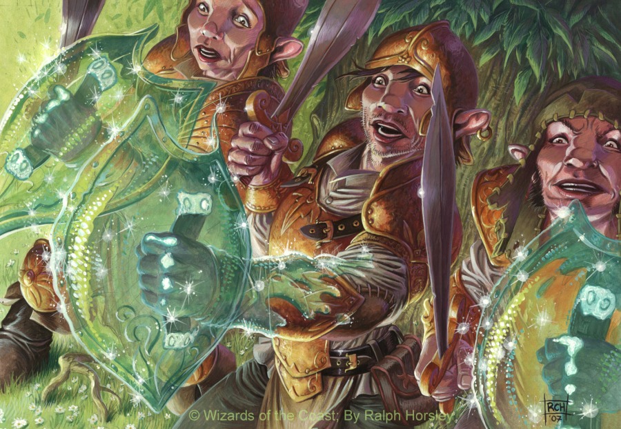 Lorwyn changelings bearing magical shields of Velis Vel, displaying their characteristic pale blue-green skin, bulbous yellow eyes, and tentacle-like hair while mimicking warrior forms